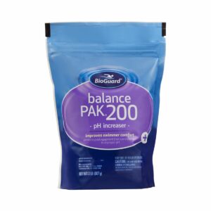 BioGuard Balance Pak 200: raises pool water pH, preventing damage to equipment and liners as well as preventing eye irritation.