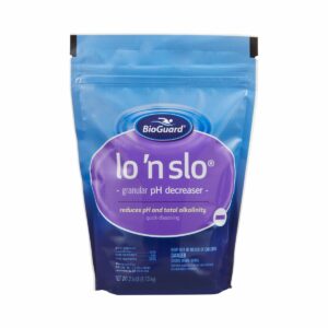 BioGuard Lo ‘N Slo: reduces pH and total alkalinity in pool water, easier to store and use than liquid muriatic acid.