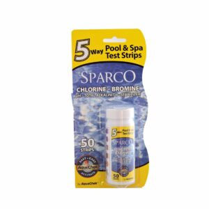 Sparco 5 Way Pool & Spa Test Strips: measures free chlorine/bromine, pH, total alkalinity, and stabilizer.