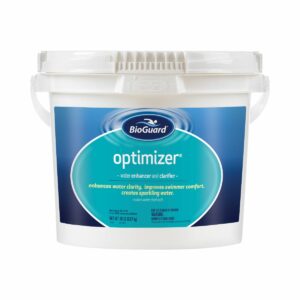 BioGuard Optimizer: works with chlorine, bromine, or biguanide pools to balance and soften water while suppressing algae.